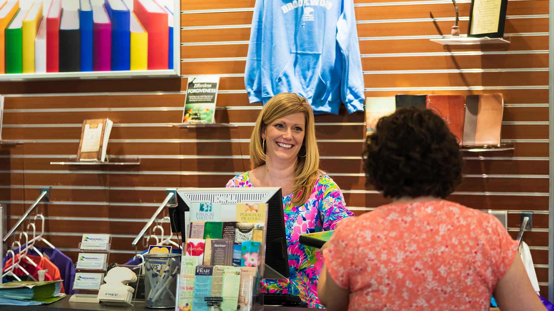 The checkout station of the Brookwood bookstore